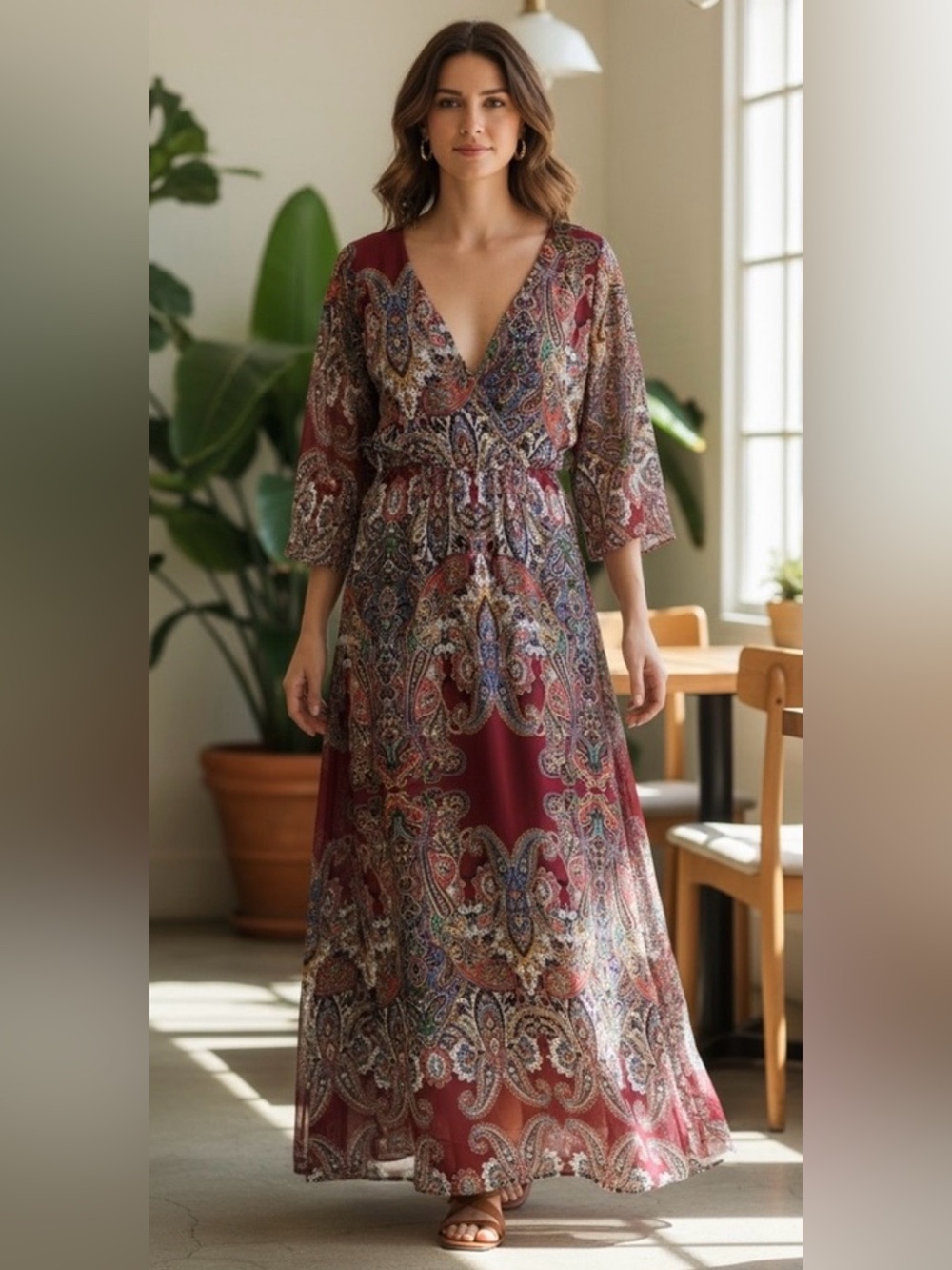 Signature Burgundy Paisley V-Neck Maxi Dress